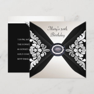 50th Birthday Elegant Black White Jewel 2 Invitation