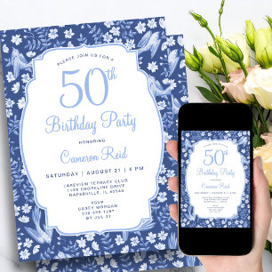 50th Birthday Elegant Blue Floral Feminine Bird Invitation