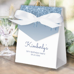 50th Birthday Elegant Blue Glitter Drip Script Favour Box