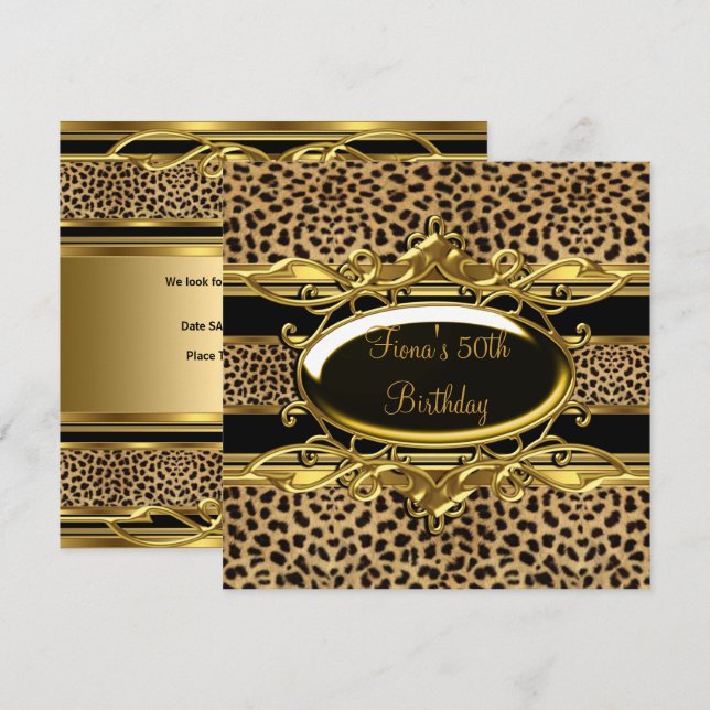 50th Birthday Elegant Classy Gold Black Leopard Invitation (Front/Back)