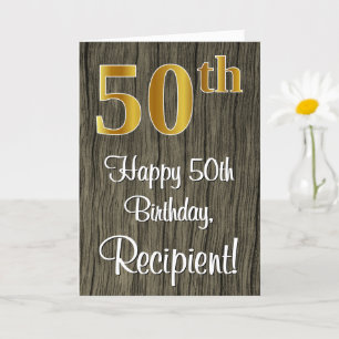 50th Birthday: Elegant Faux Gold Look #, Faux Wood Card