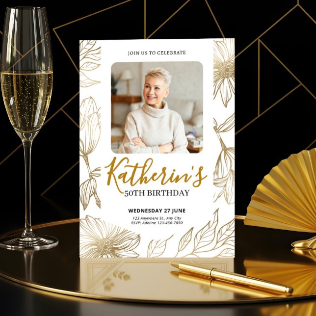50th Birthday Elegant Gold Floral Photo Invitation (50th Birthday Elegant Gold Floral Photo Invitation, Fifity Birthday)