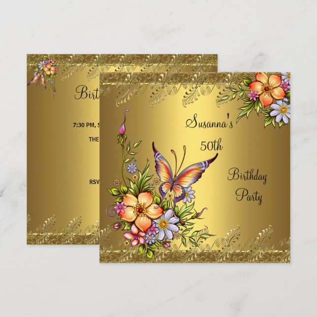 50th Birthday Elegant Gold Pink Yellow Flowers Invitation (Front/Back)