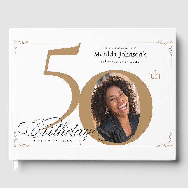 50th Birthday Elegant Gold White Calligraphy Photo Guest Book (Front)
