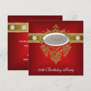 50th Birthday Elegant Lace Red White Gold Diamond Invitation
