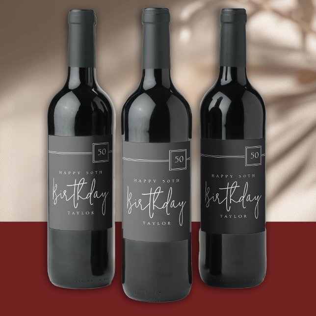 50th Birthday Elegant Minimalist Flat Black Wine Label (Creator Uploaded)