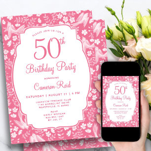 50th Birthday Elegant Pink Floral Feminine Bird Invitation