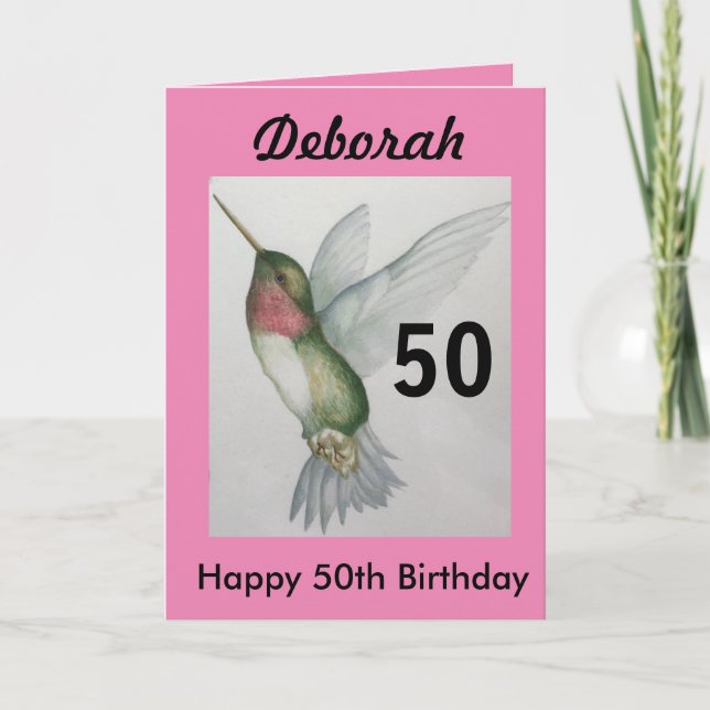 50th Birthday Elegant Pink Hummingbird Watercolor Card (Front)