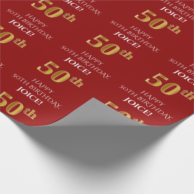 50th Birthday: Elegant, Red, Faux Gold Look Wrapping Paper (Corner)