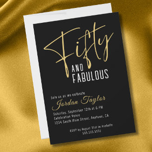 50th Birthday Elegant Script Black and Gold Invitation