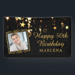 50th Birthday Elegant Script Gold Stars Photo Banner<br><div class="desc">Celebrate a 50th birthday (or any age birthday since the text is editable) with this black and gold theme banner sign with falling gold stars, personalised with their photo and name and a sample title you can change that says HAPPY 50TH BIRTHDAY NAME. PHOTO TIP: For fastest/best results, choose a...</div>