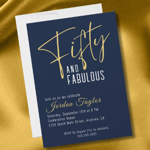50th Birthday Elegant Script Navy and Gold Invitation