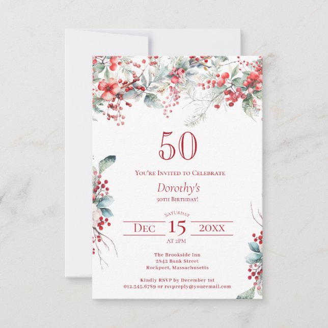 50th Birthday Elegant Winter Berry Botanical Invitation (Front)