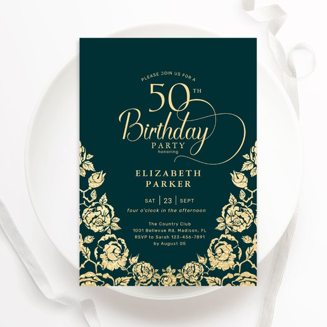50th Birthday Emerald Green Gold Roses Invitation (Creator Uploaded)