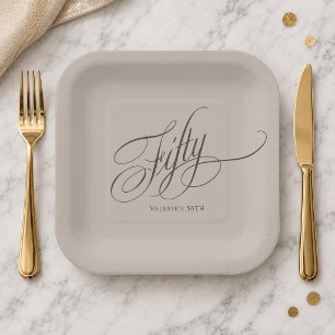 50th Birthday Espresso Brown Calligraphy on Taupe Paper Plate