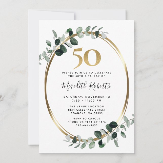 50th Birthday Eucalyptus Gold Metallic Party Invitation (Front)