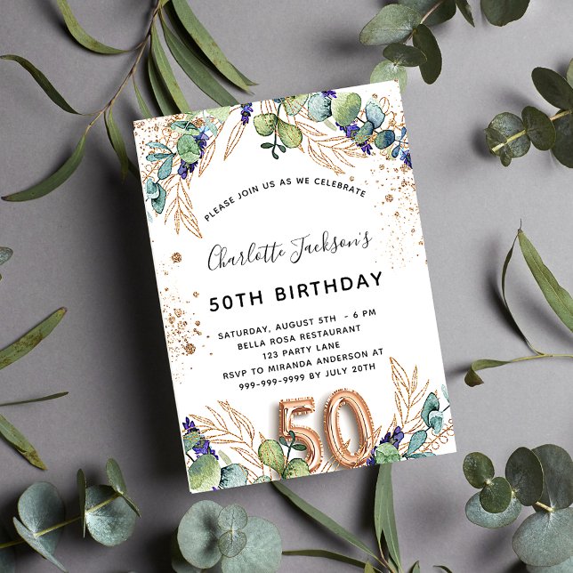 50th birthday eucalyptus greenery glitter elegant invitation (Creator Uploaded)