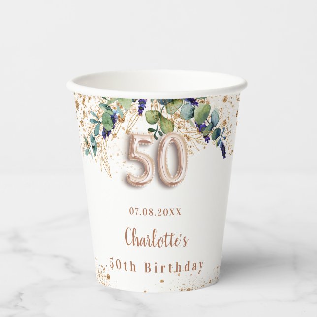 50th birthday eucalyptus greenery glitter name paper cups (Front)