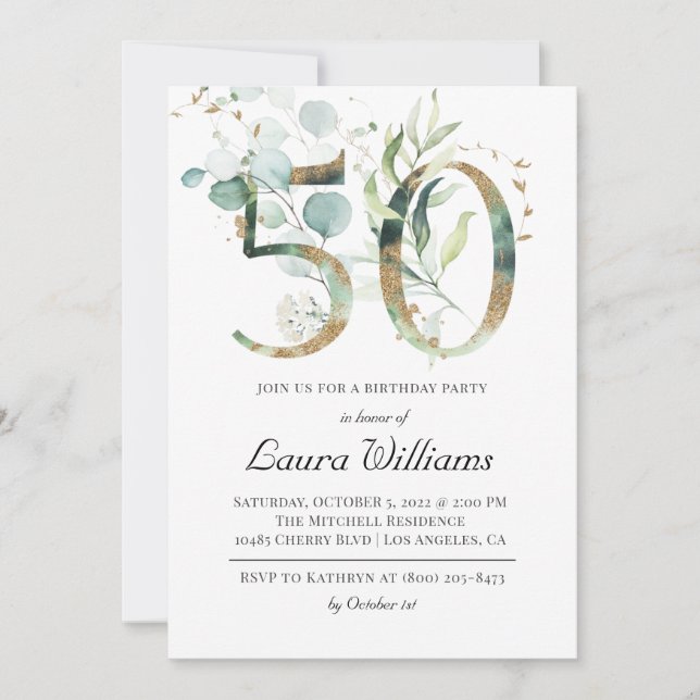 50th Birthday Eucalyptus Greenery Invitation (Front)