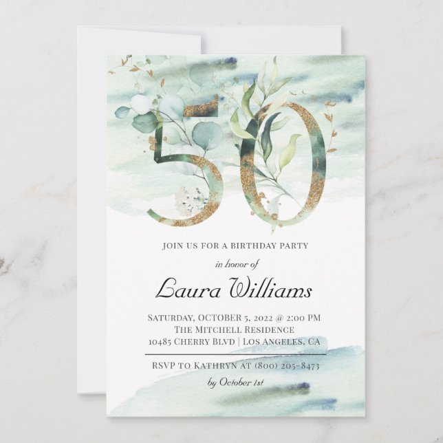 50th Birthday Eucalyptus Greenery Invitation (Front)