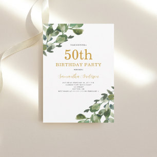 50th Birthday Eucalytus Watercolor Gold Script Invitation