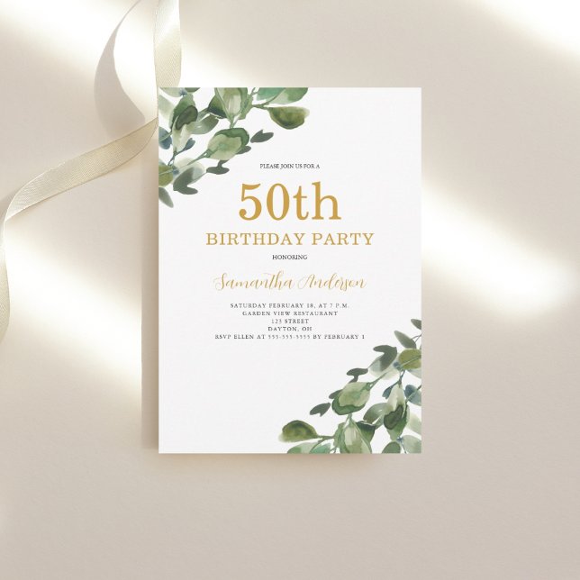 50th Birthday Eucalytus Watercolor Gold Script Invitation (Creator Uploaded)