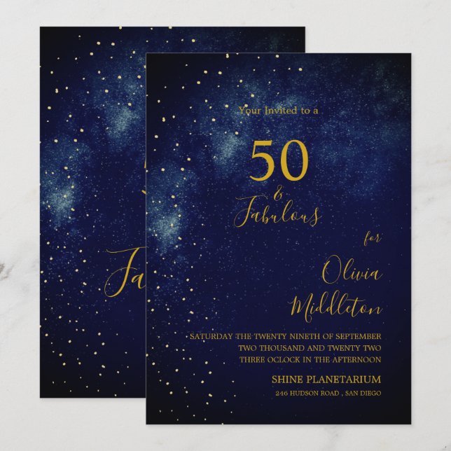 50th Birthday Evening Sky Astral Gold Stars Blue   Invitation (Front/Back)