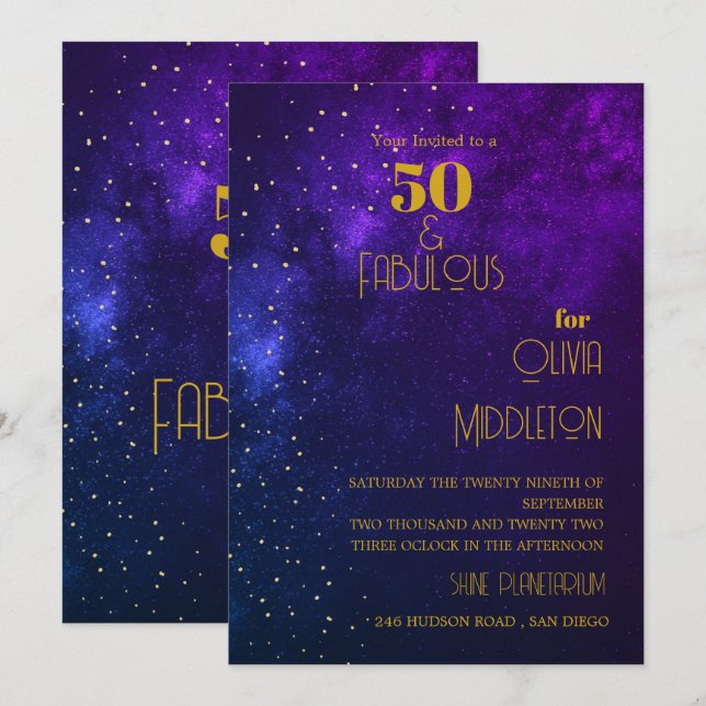 50th Birthday Evening Sky Astral Gold Stars Purple Invitation (Front/Back)