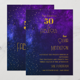 50th Birthday Evening Sky Astral Gold Stars Purple Invitation
