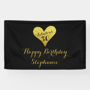 50th Birthday Fabulous 50 Black   Faux Gold Heart Banner