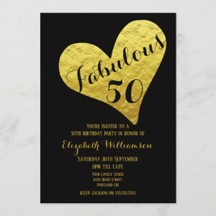 50th Birthday Fabulous 50 Black   Faux Gold Heart Invitation