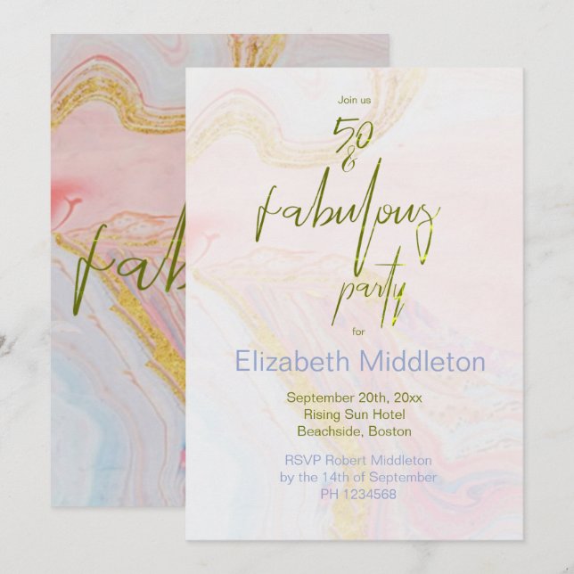 50th Birthday Fabulous Pink Blue Gold  Marble Invitation (Front/Back)