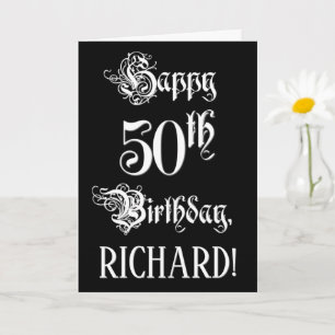 50th Birthday: Fancy, Elegant Script + Custom Name Card