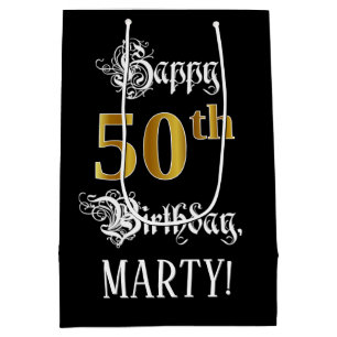50th Birthday ~ Fancy Script; Faux Gold Look; Name Medium Gift Bag