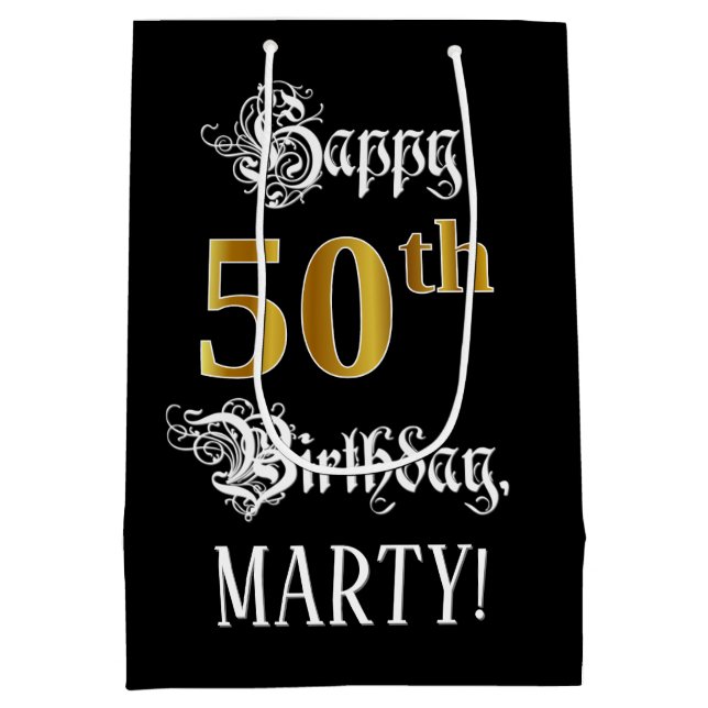 50th Birthday ~ Fancy Script; Faux Gold Look; Name Medium Gift Bag (Back)