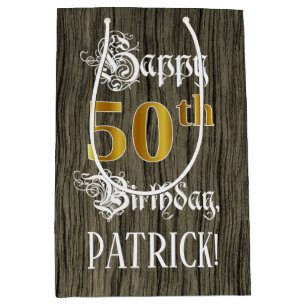 50th Birthday: Faux Gold Look & Faux Wood Pattern Medium Gift Bag