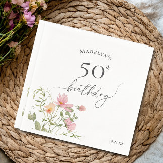 50th Birthday Feminine Watercolor Wildflower Napkin