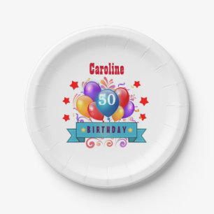 50th Birthday Festive Colourful Balloons C01DZ Paper Plate