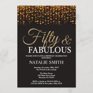 50th Birthday Fifty and Fabulous Gold Glitter Invitation