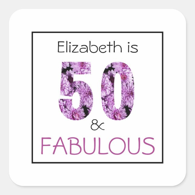 50th Birthday Fifty and Fabulous Purple Floral Square Sticker (Front)