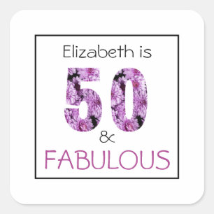 50th Birthday Fifty and Fabulous Purple Floral Square Sticker
