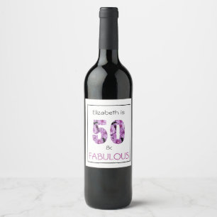 50th Birthday Fifty and Fabulous Purple Floral Wine Label