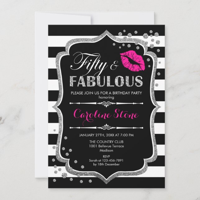 50th Birthday - Fifty Fabulous Black Pink Silver Invitation (Front)