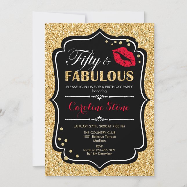 50th Birthday - Fifty Fabulous Gold Black Red Invitation (Front)
