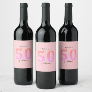 50th Birthday Fifty Fabulous Name Pink Glitter Wine Label