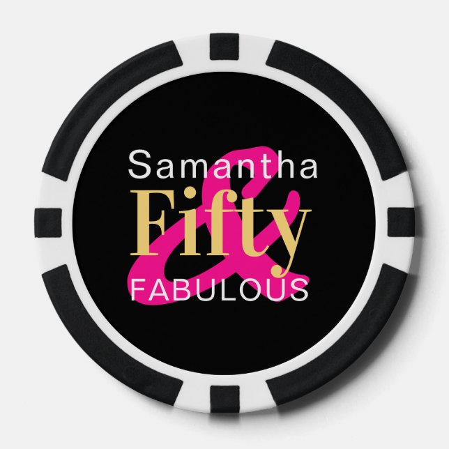 50th Birthday Fifty Fabulous Personalised Hot Pink Poker Chips (Front)