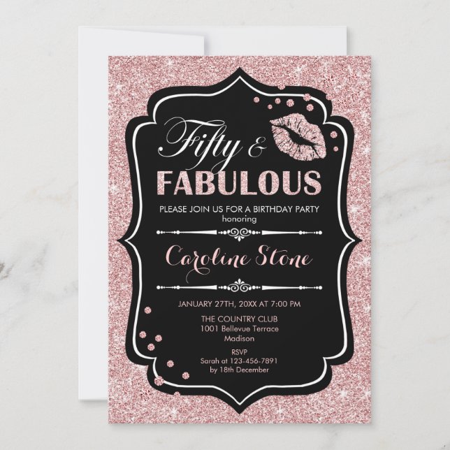50th Birthday - Fifty Fabulous Rose Gold Black Invitation (Front)