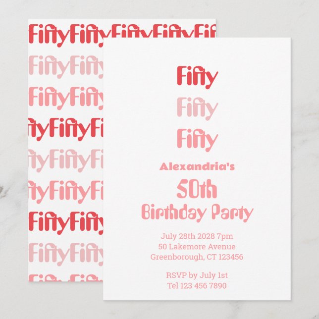 50th Birthday Fifty Modern Party Pink Red Invitation (Front/Back)