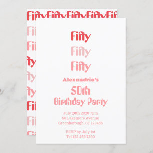 50th Birthday Fifty Modern Party Pink Red Invitation