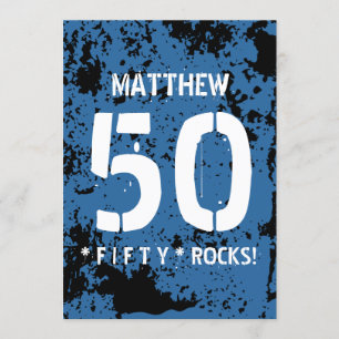 50th Birthday Fifty Rocks BLUE Grunge Pattern F50Z Invitation